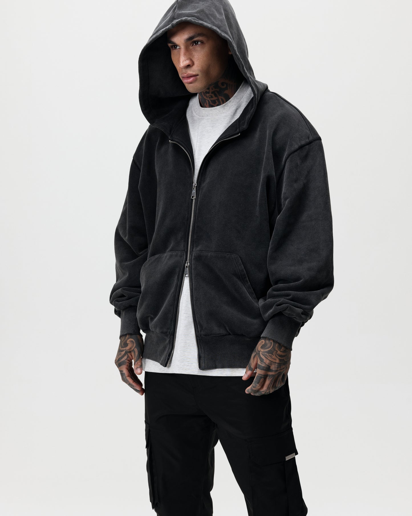 LUXURY ESSENTIALISM ZIP THROUGH HOODIE - VINTAGE WASHED GREY