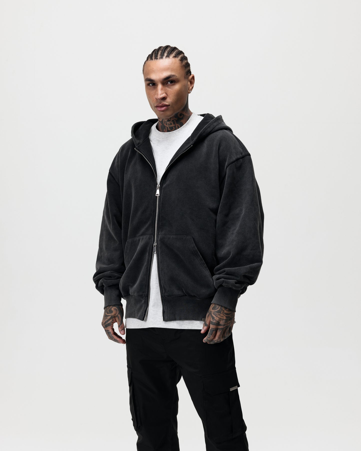 LUXURY ESSENTIALISM ZIP THROUGH HOODIE - VINTAGE WASHED GREY