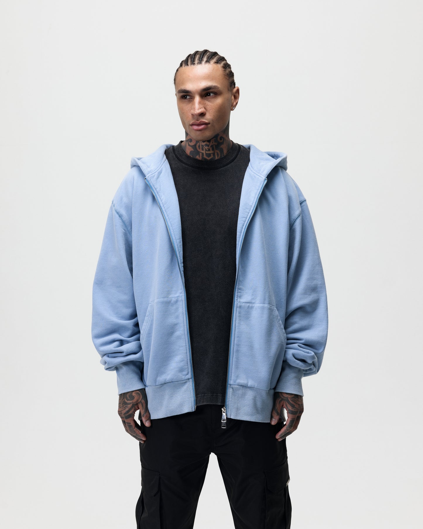 LUXURY ESSENTIALISM ZIP THROUGH HOODIE - WASHED POWDER BLUE