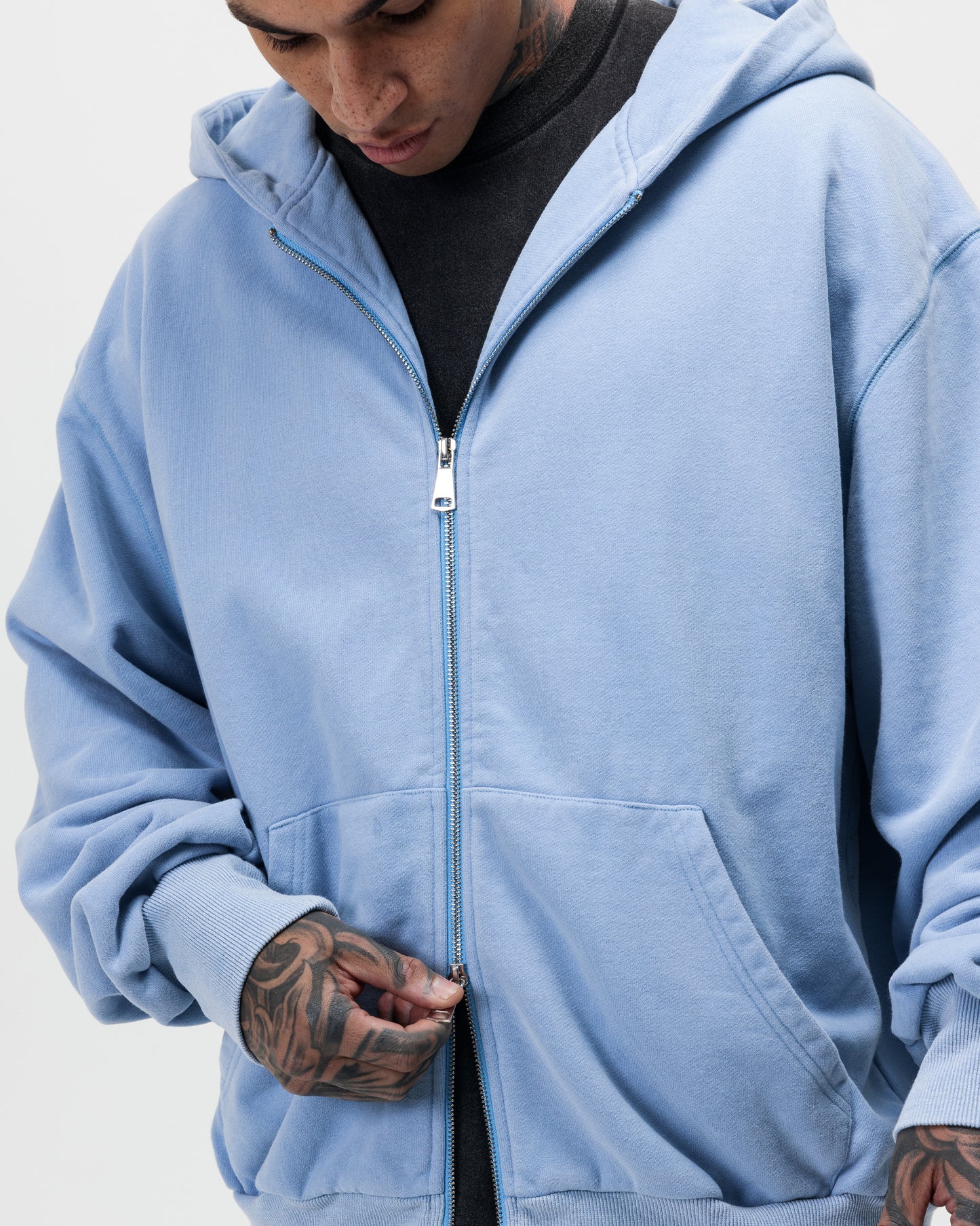 LUXURY ESSENTIALISM ZIP THROUGH HOODIE - WASHED POWDER BLUE